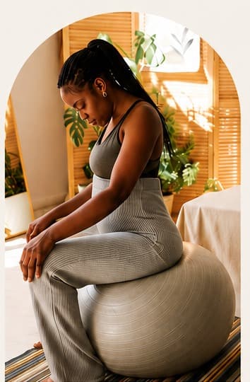 A woman sitting on a stability ball during a postnatal session